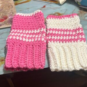 Pink and White Knitted Hand Warmers
